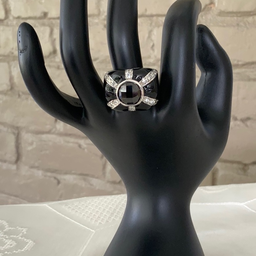 Silver & Black Large Statement Ring with Rhinestones & Onyx 18KGE Size 8